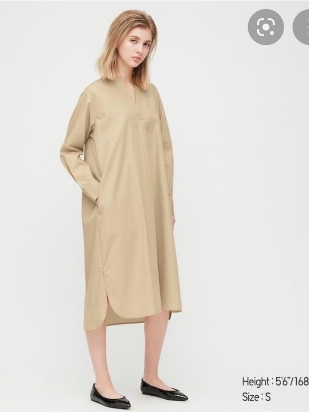 NWT Uniqlo Extra Fine Cotton Split Neck A-line Long Sleeve Midi Dress